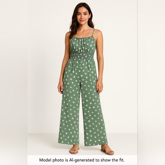 🌼Jumpsuit – Green Daisy Print Size Medium - Picture 1 of 16